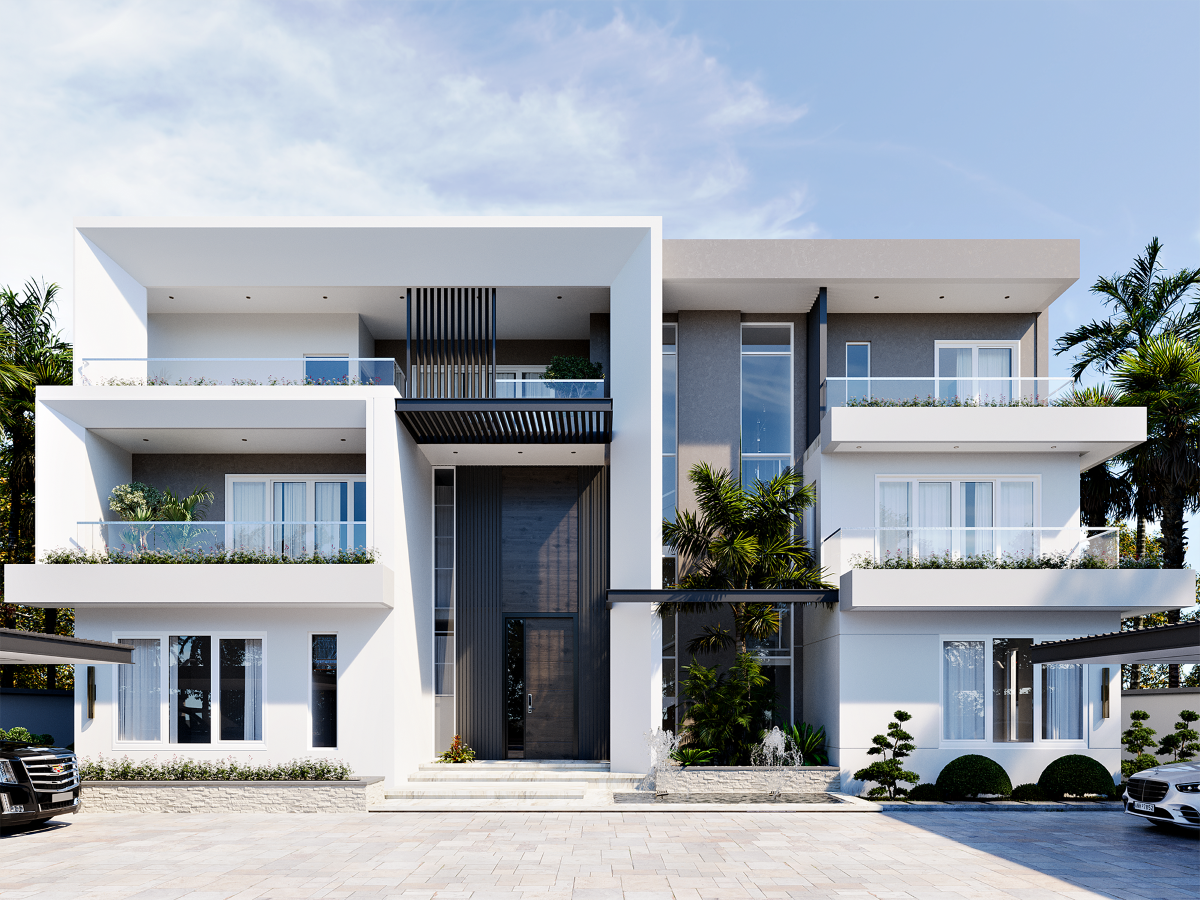 Villa Q kitchen interior and curb appeal architectural visualization